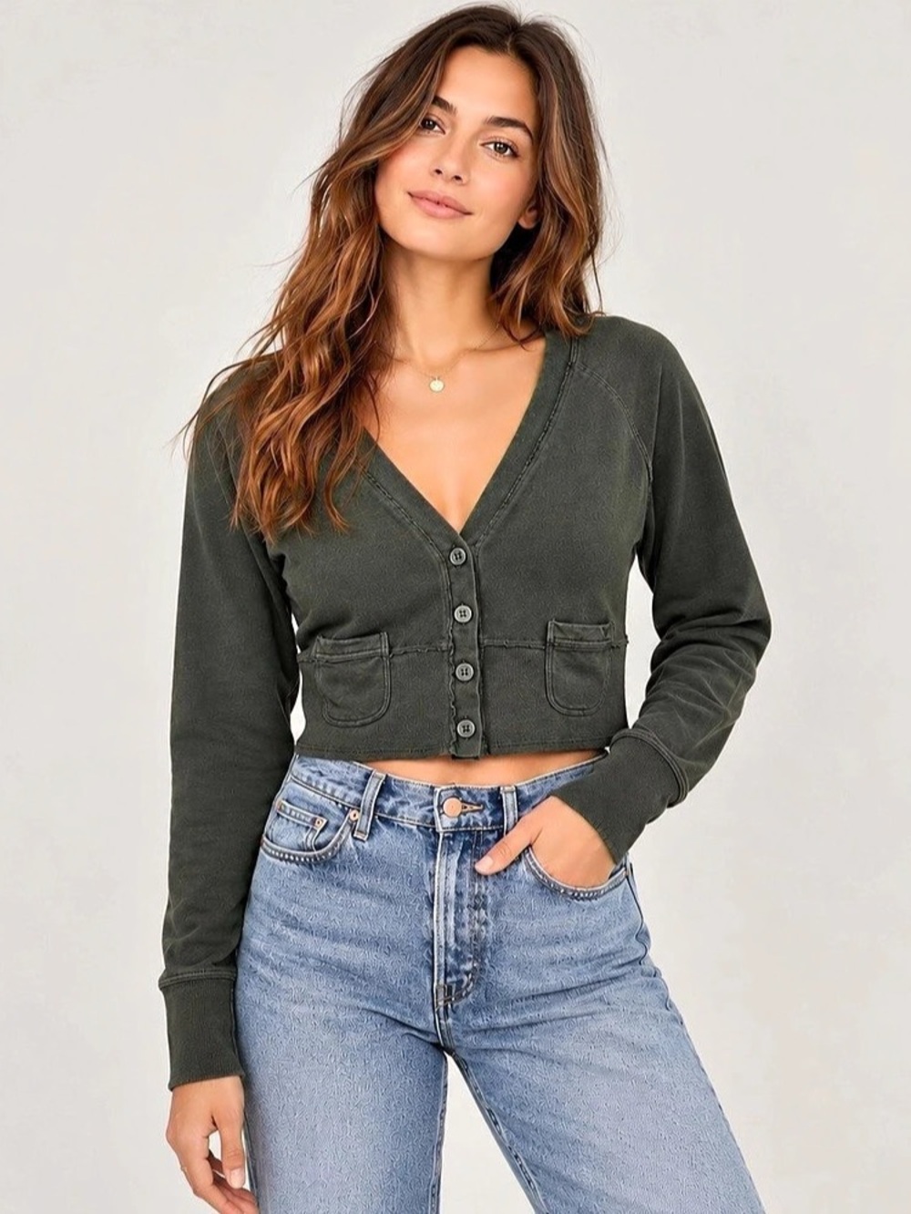 American Eagle Outfitters Cropped Raw Hem Button Front Cardigan Olive Green XL